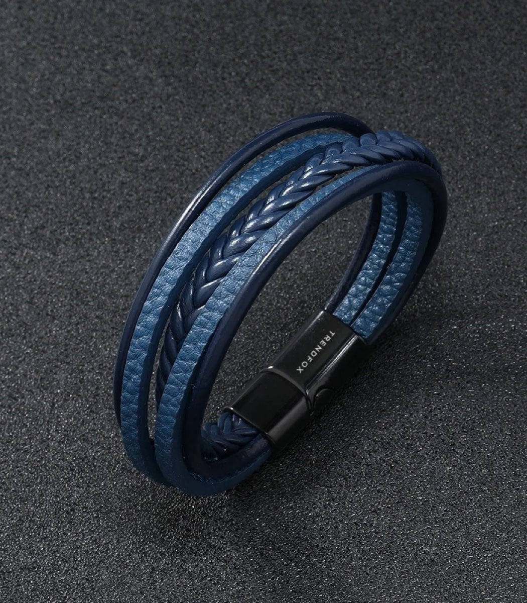 Leren Armband met Vlecht - Blauw met Zwarte Sluiting