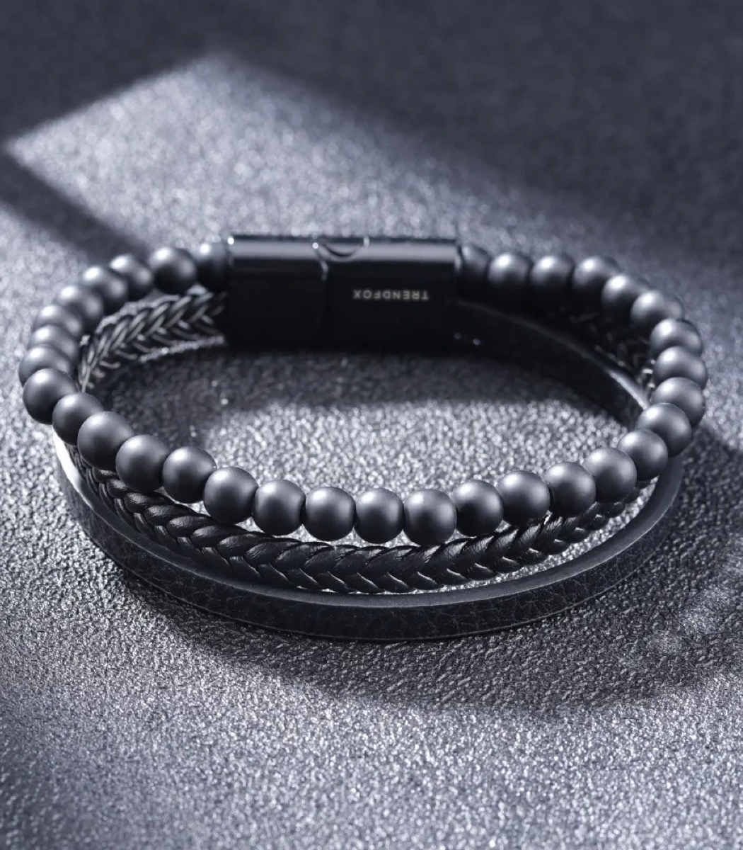Leren Armband met Kralen - Zwart met Zwarte Kralen