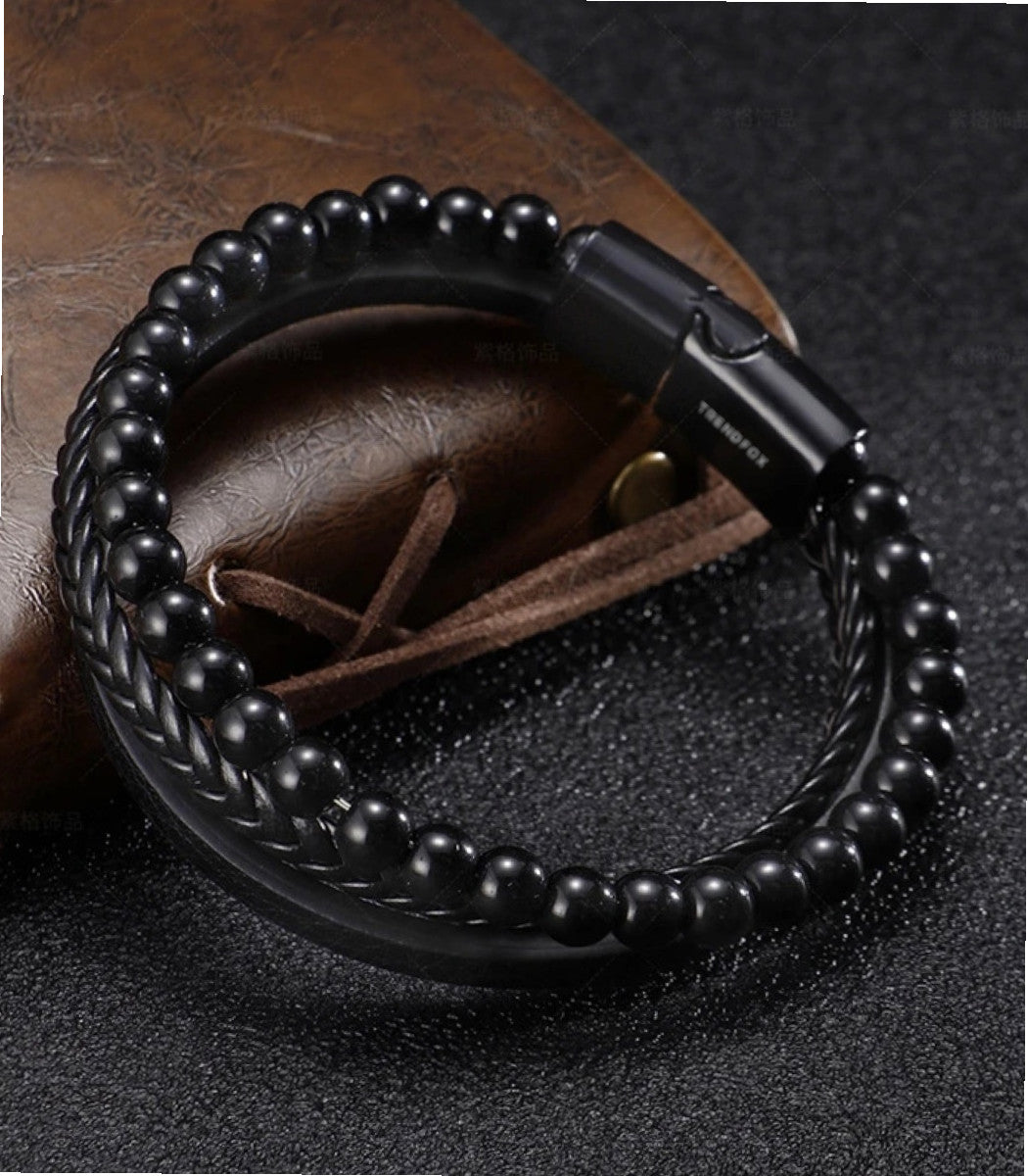 Leren Armband met Kralen - Zwart met Zwarte Kralen