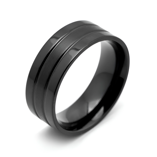 Minimalist Ring met Dubbele Streep - Zwart - Staal
