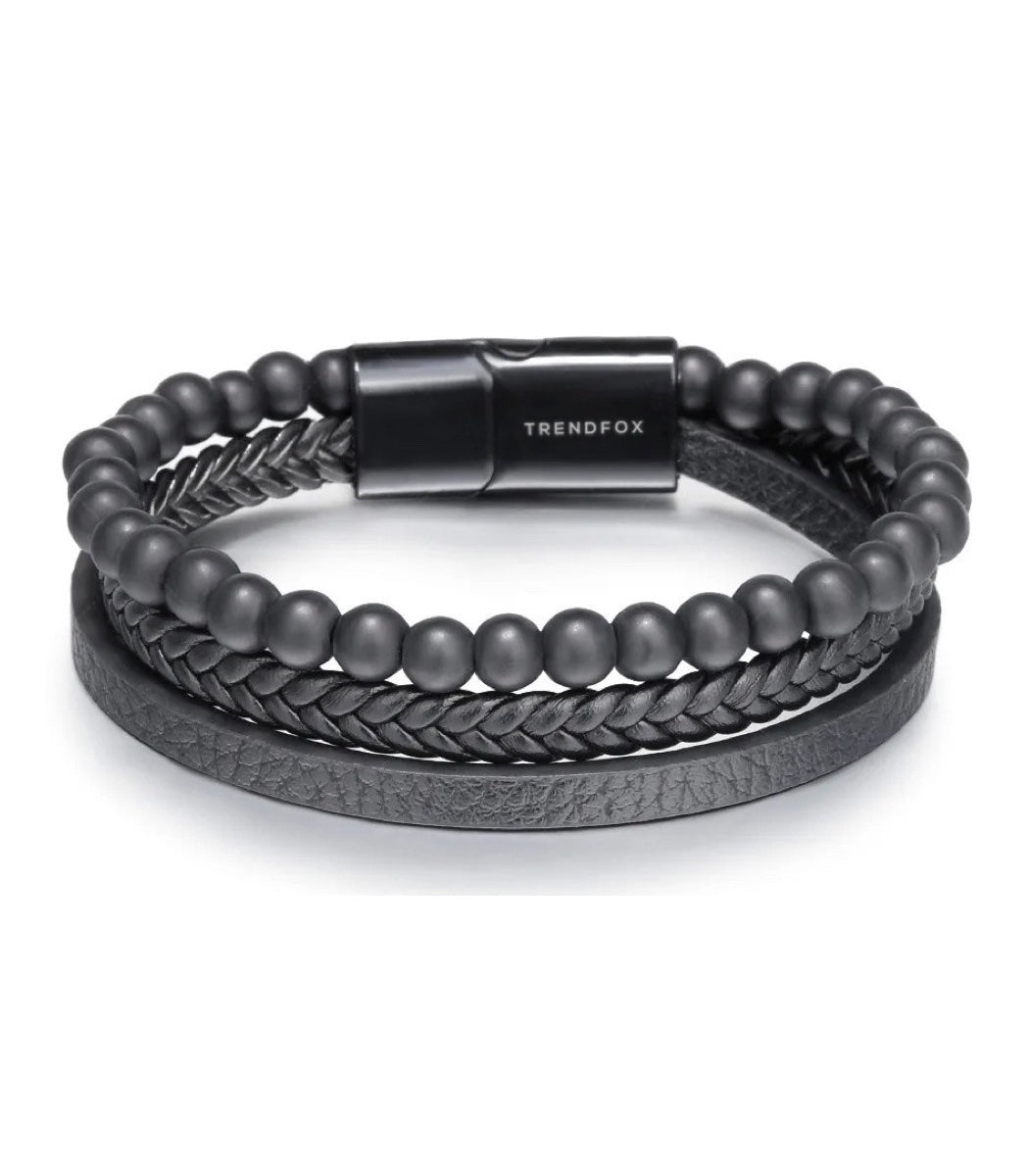 Leren Armband met Kralen - Zwart met Zwarte Kralen
