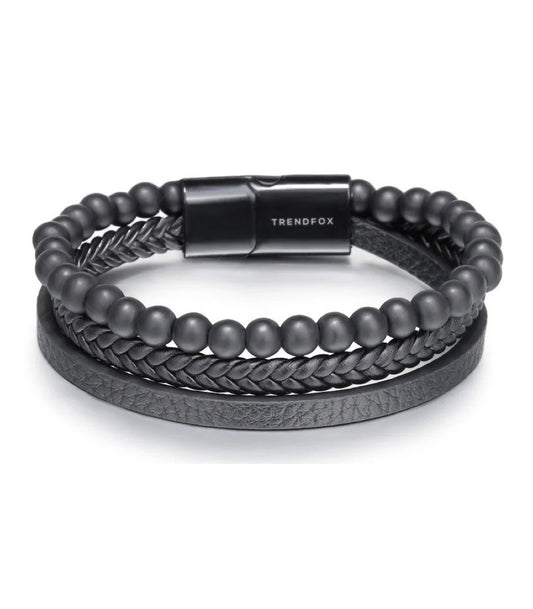 Leren Armband met Kralen - Zwart met Zwarte Kralen