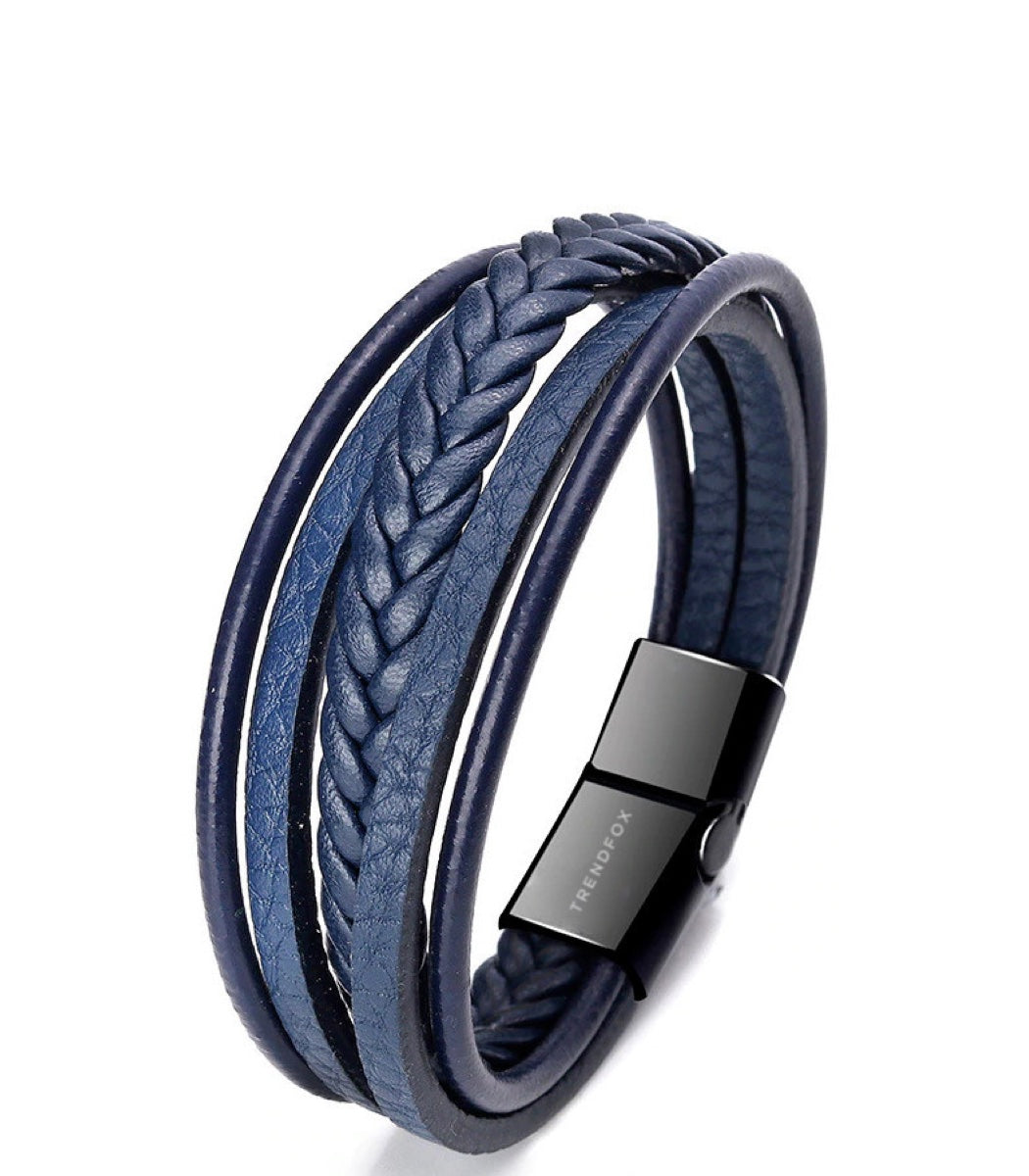 Leren Armband met Vlecht - Blauw met Zwarte Sluiting