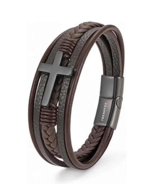 Leren Armband met Kruis - Bruin met Zwarte Sluiting