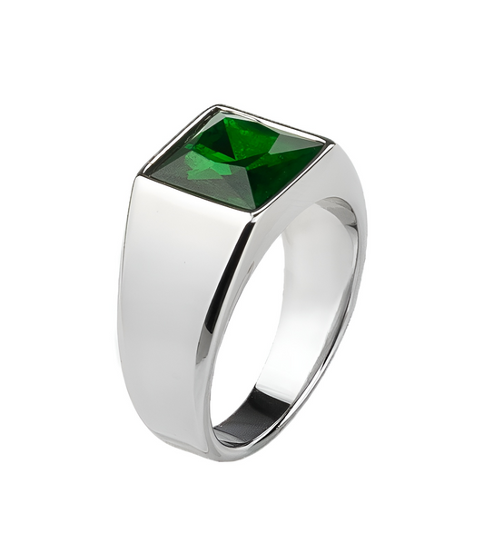 Zegelring met Groene Steen - Zilver Kleurig - Staal