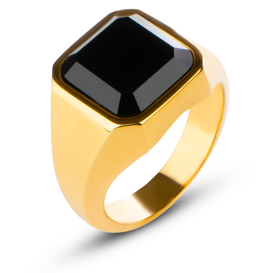 Zegelring met Zwarte Steen - Goud Kleurig - Staal