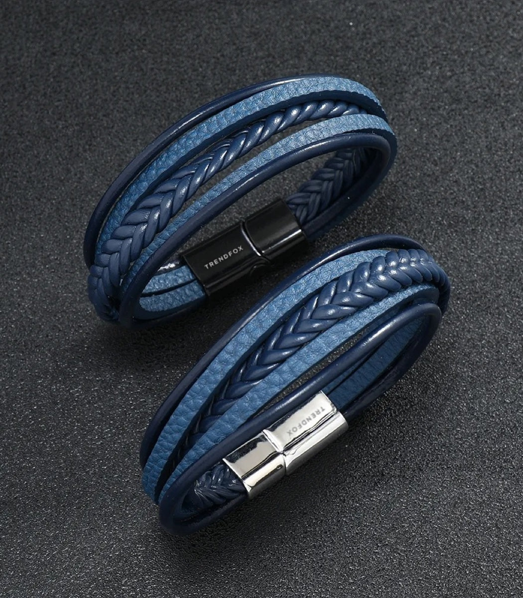 Leren Armband met Vlecht - Blauw met Zwarte Sluiting