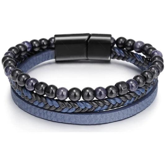 Leren Armband met Kralen - Blauw met Zwarte Kralen - TrendFox
