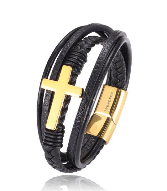 Leren Armband met Kruis - Zwart met Goud Kleurige Sluiting
