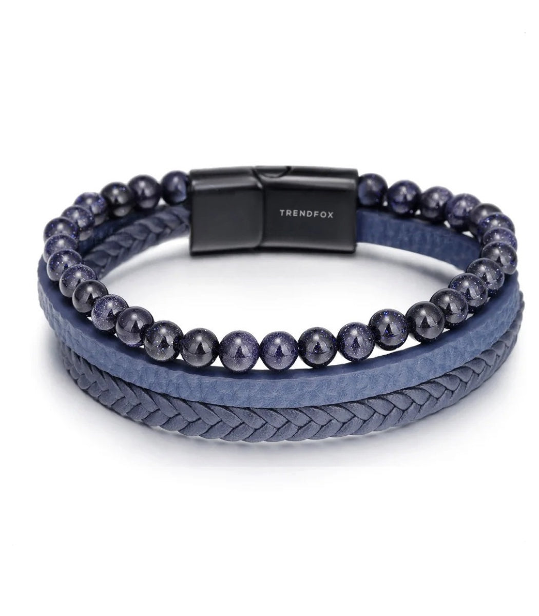 Leren Armband met Kralen - Blauw met Blauwe Kralen