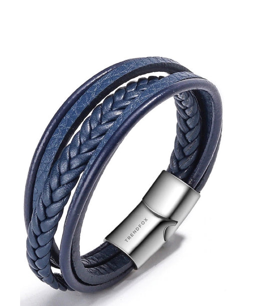 Leren Armband met Vlecht - Blauw met Zilver Kleurige Sluiting