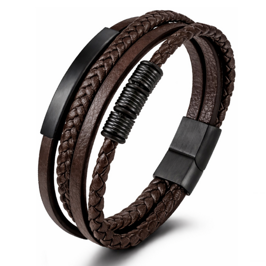 Leren Armband met Vlecht en Accenten - Bruin met Zwart