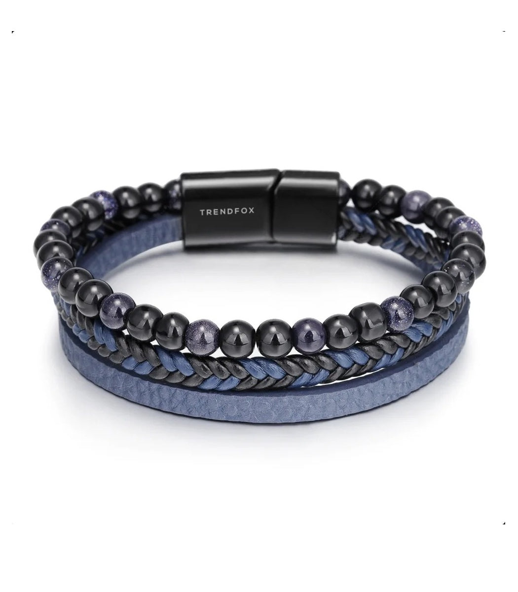 Leren Armband met Kralen - Blauw met Zwarte Kralen