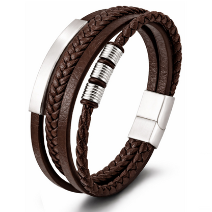Leren Armband met Vlecht en Accenten - Bruin met Staal