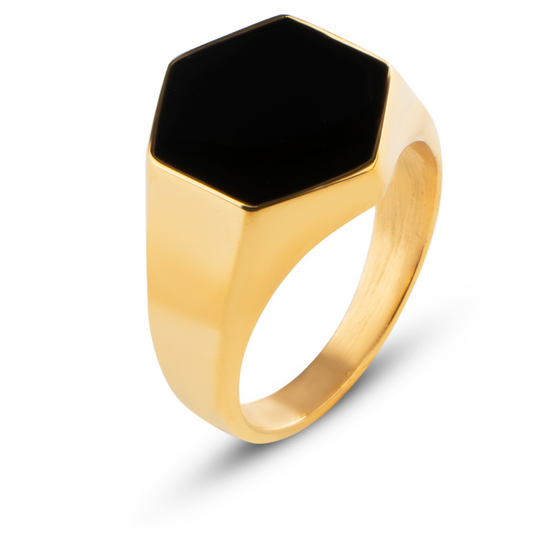 Zegelring Heren met Zwarte Steen - Goud Kleurig - Staal