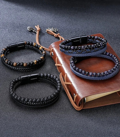 Leren Armband met Kralen - Blauw met Zwarte Kralen