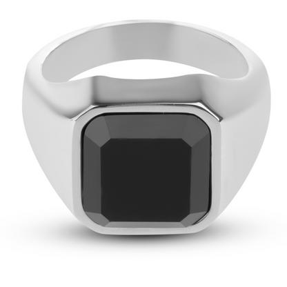 Zegelring met Zwarte Steen - Zilver Kleurig - Staal