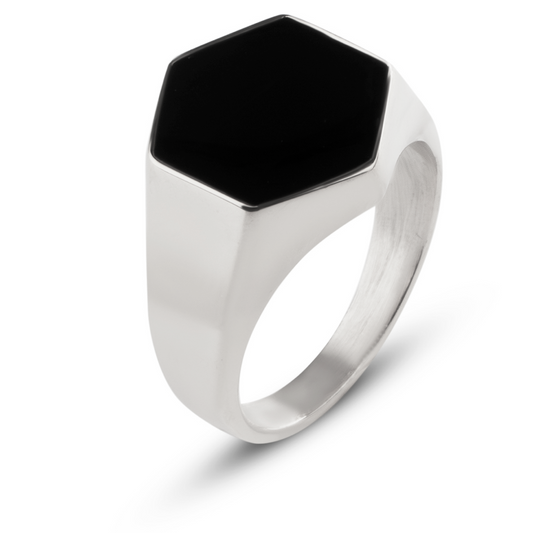 Zegelring Heren met Zwarte Steen - Zilver Kleurig - Staal