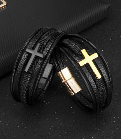 Leren Armband met Kruis - Zwart met Goud Kleurige Sluiting