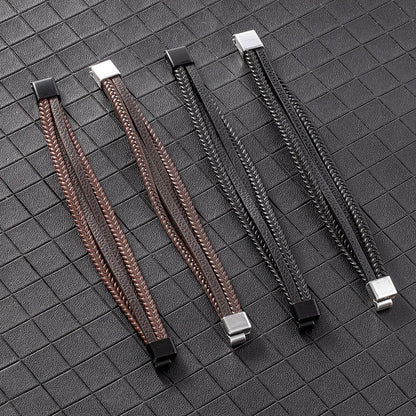 Leren Armband met Dubbele Vlecht - Zwart met Zwarte Sluiting