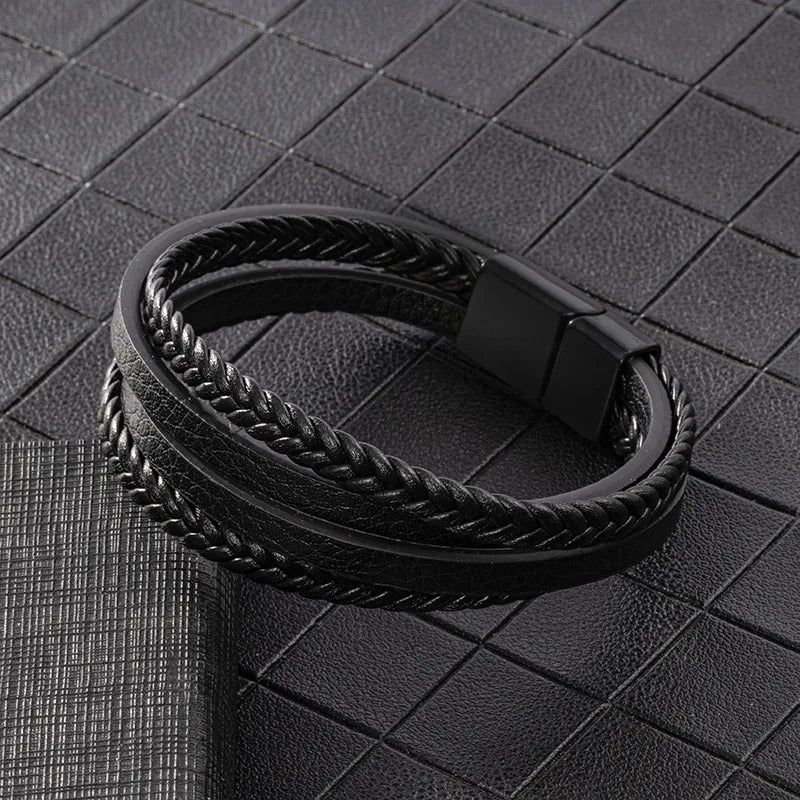 Leren Armband met Dubbele Vlecht - Zwart met Zwarte Sluiting