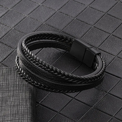 Leren Armband met Dubbele Vlecht - Zwart met Zwarte Sluiting