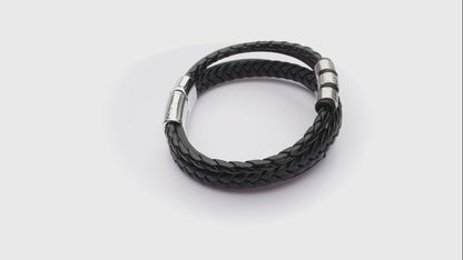 Leren Armband met Vlecht en Accenten - Zwart met Zilver