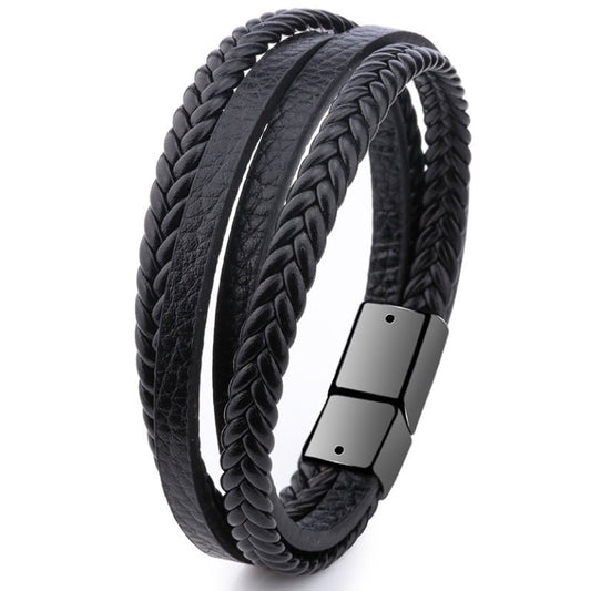 Leren Armband met Dubbele Vlecht - Zwart met Zwarte Sluiting - TrendFox