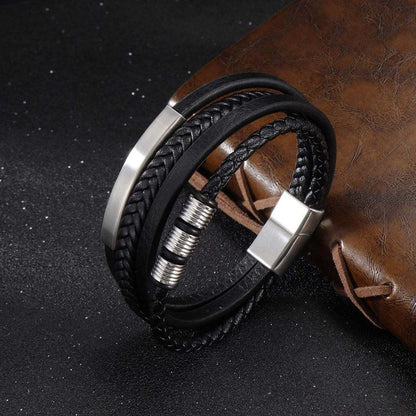 Leren Armband met Vlecht en Accenten - Zwart met Zilver - TrendFox